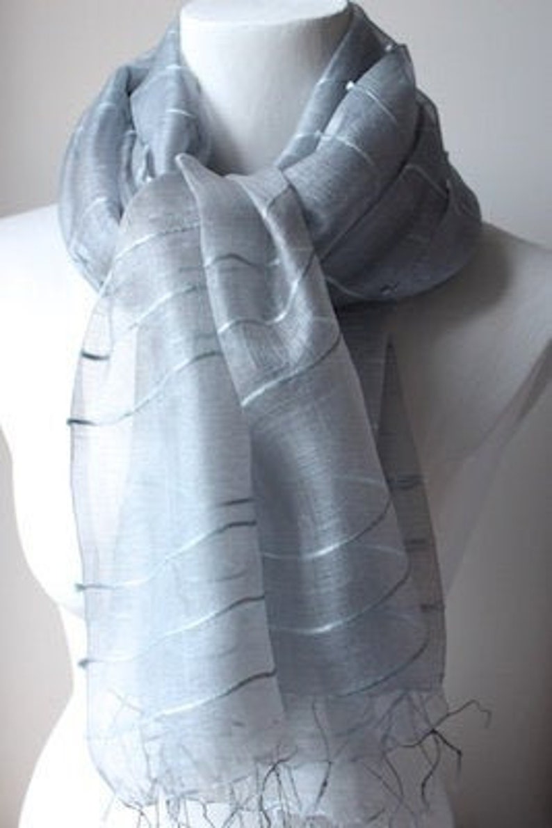 Silver / Pale Blue Sheer Silk Organza Pashmina Shawl Stole Wrap Scarf