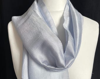 SLIGHTLY IMPERFECT  Pale Silver Blue Grey Raw Silk Scarf, Hand woven, Neck Scarf Size