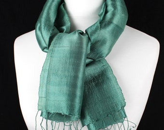 Sage Green Raw Silk Scarf. Hand Loomed.  Neck Scarf Size