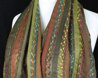 Autumn Olive Green and Browns  Stripy Scarf, Fair Trade