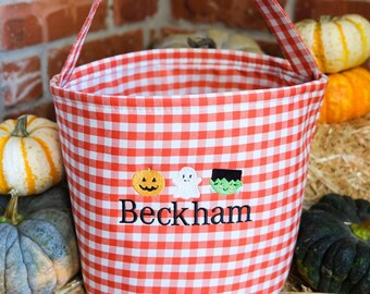 Bolsa de Halloween personalizada para truco o trato, con nombre bordado a cuadros, para niños