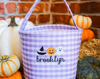 Bolsa de Halloween personalizada para truco o trato, con nombre bordado y cuadros vichy