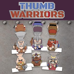 May include: A sheet of paper with the text "THUMB WARRIORS" above several cartoon warrior cutouts. The warriors have various helmets, armor, and weapons. The background is a textured gray surface with metal rivets.