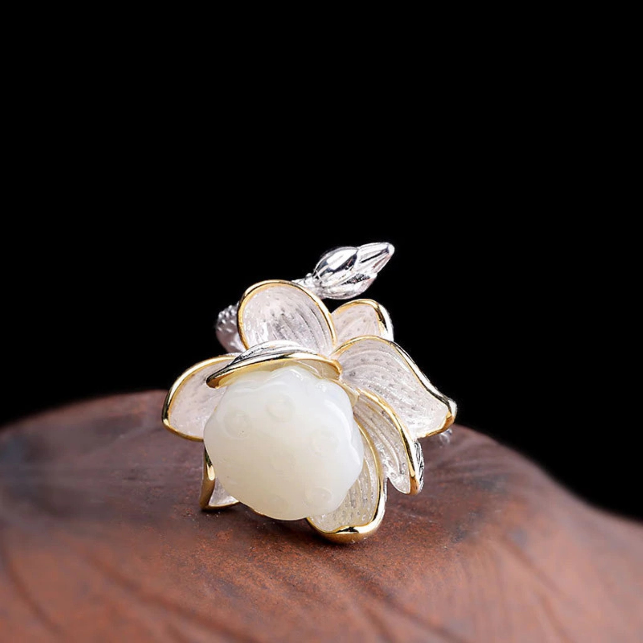Lotus Jade Ring Flower Dainty Bud Ring Sterling Silver Ring Etsy