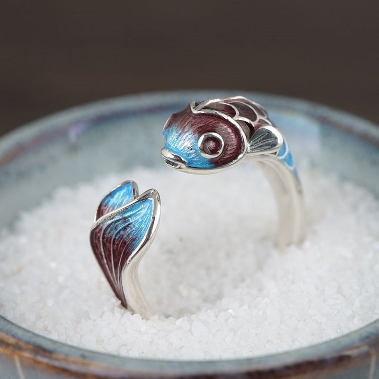 Enamel Fish Ring Sterling Silver Open Mens Ring Silver Rings Etsy