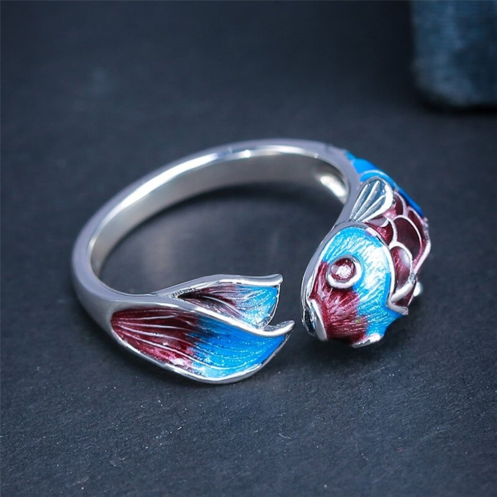 Enamel Fish Ring Sterling Silver Open Mens Ring Silver Rings Etsy