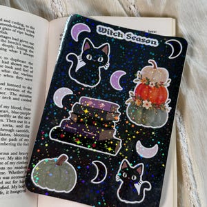 Witch Season Lover Sticker Sheet | Book Club , Witch, whimsical Gift | Cats, Pumkins & Grimoires Lover