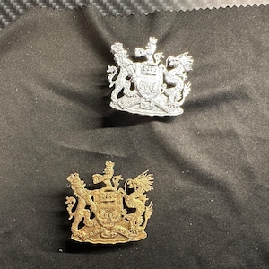 Puede incluir: Dos escudos de armas metálicos ornamentados, uno plateado y otro dorado, con un león, un dragón y un escudo. Los escudos están sobre un fondo de tela negro.