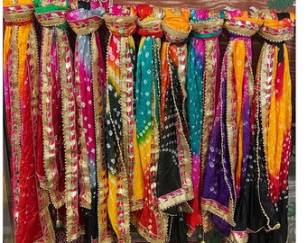 50 Piece Lot Multi Color Bandhani Scarves, Wedding Bandhej Silk Dupatta,  Bandhej Dupatta with Lace border and Gotta Work, Colorful Dupatta