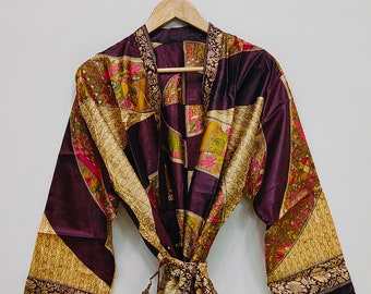 Boho Silk Lounge Dress, Sari Silk Long Kimono Robe, Handmade Silk Dressing Gown, Hippie Style Women Silk Kimono, Gift For Her