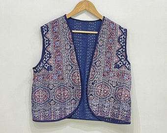 Ajrakh Print Cotton Kantha Vest, Sleeveless Jacket, Fits L-XL
