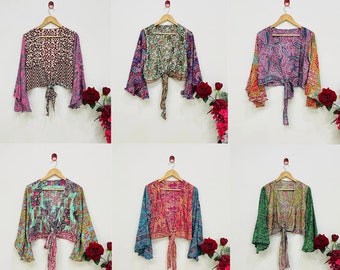 Wholesale Lot Of Assorted Color Silk Crop Top, Front Tie Top, Bell Sleeves Silk Wrap Top, Beach Wear Tie Tops, Boho Hippie Crop Top