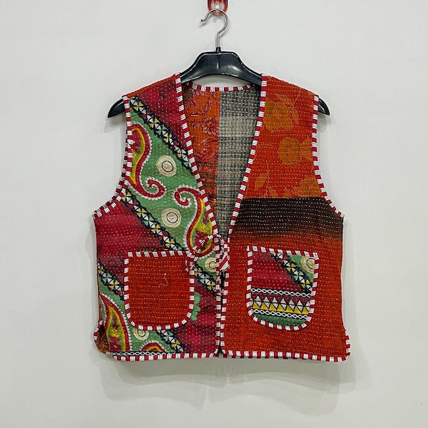 Handmade Kantha Cotton Vest, Boho Patchwork Waistcoat, Festival Jacket