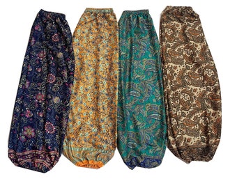 Lotto all'ingrosso di pantaloni harem di seta sari indiani fatti a mano, pantaloni yoga hippie boho, pantaloni di seta da spiaggia estivi, pantaloni harem comodi unisex