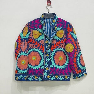 Dark Blue Cotton Suzani Hand Embroidery Jacket Coat, Women Suzani Short Jacket, Winter Wear Jacket, Bridesmaid Gift, Gift For Her