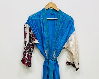 Kimono en soie pour femme, robe kimono sari en soie recyclée pour femme, robe de chambre longue en soie, robe longue bohème, peignoirs de bain en soie