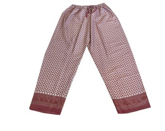 Pantalón de yoga de seda para mujer con estampado floral hecho a mano indio, palazzo de seda boho para mujer, pantalón de yoga hippie boho, pantalón de pierna ancha con cintura elástica