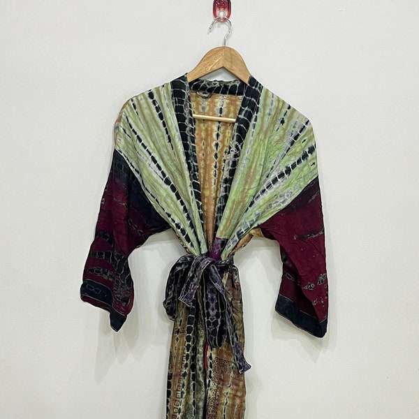 Pure Silk Tie Dye Long Patchwork Kimono, Women's Wear Silk Tie Dye Kimono, Stylish Sari Silk Long Robe, Beach Wear Silk Kimono Jacket