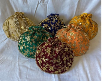 Handicrafts And Jewelry Designer Women Embroidered Potli Bag, Handmade Evening Bag, Drawstring Pouch Bag, Wedding Favors, Indian Potli Bag