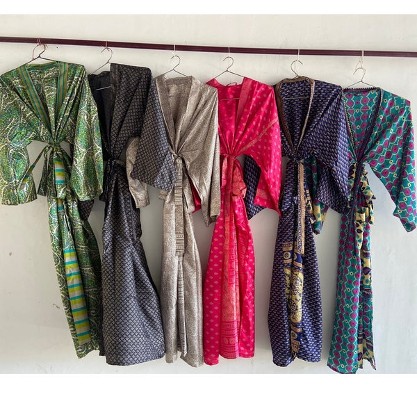 Wholesale Lot Of Indian Handmade Assorted Recycle Saree Silk Kimono Robe, Comfy Light Weight Beach Wear Robe, Sari Silk Bathrobe For Women's