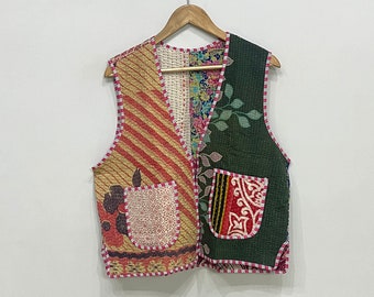 ボヘミアンカンタ刺繍ベスト：リバーシブルコットンパッチワーク 