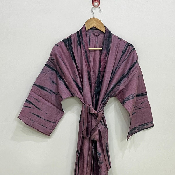 Purple Color Silk Tie Dye Long Kimono, Indian Handmade Recycle Silk Tie Dye Kimono, Boho Lounge Dress, Sari Silk Long Bathrobe, Gift For Her