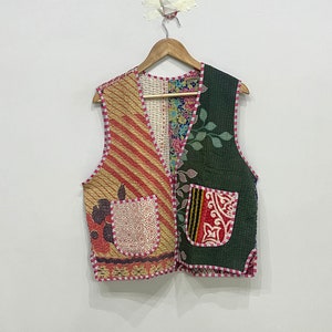 Veste gilet Kantha indienne, gilet patchwork Kantha, veste sari fait main, gilet bohème pour femme, veste en coton sans manches, veste bohème
