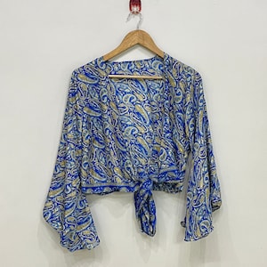 Silk Crop Top, Tie Front Top, Summer Crop Top, Bell Sleeve Top, Handmade Silk Tie Top, Indian Silk Wrap Top, Hippie Top, Gift For Her