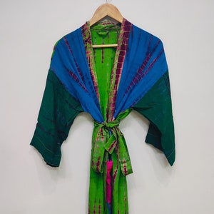 Handmade Silk Kimono, Indian Tie Dye Silk Robe, Patchwork Kimono, Boho Duster Jacket, Silk Dressing Gown, Women Kimono