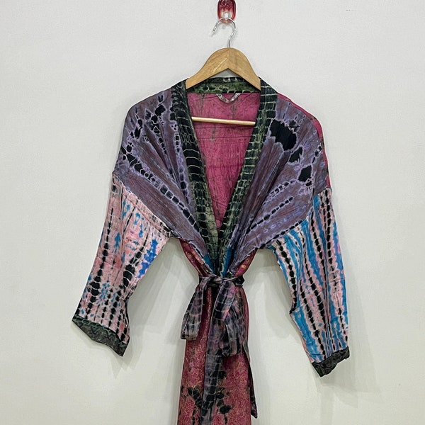 Summer Silk Tie Dye Kimono, Bohemian Silk Kimono For Women, Tie Dye Bridesmaid Robe, Silk Long Kimono, Resort Wear Sari Silk Kimono