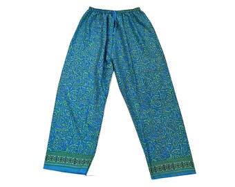 Pantaloni da palazzo in seta di colore verde per donne, pantaloni a gamba larga in seta sari riciclata fatta a mano indiana, pantaloni Boho Hippie Yoga, palazzo per donne