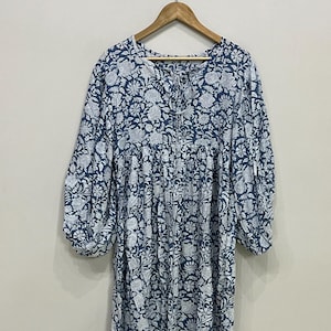 Blue Floral Cotton Dress, Handmade Block Print Dress, Long Sleeve Summer Dress, Lounge Wear, Casual Dress,  Bohemian Maxi Dress,Hippie Dress