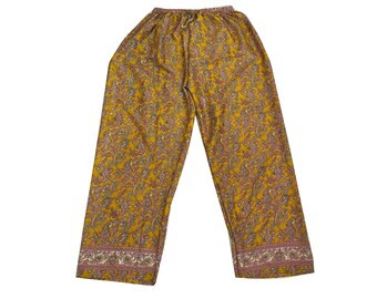 Gele kleur Paisley bedrukte zijden Palazzo broek, dames zijden yogabroek, zomerkleding wijde pijpen broek, Boho zijden broek