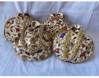 Potli Bags, Drawstring Embroidered Evening Bag, Indian Wedding Favors, Indian Return Gift Bags, Bulk Potlis For Wedding Favors Pooja Gift