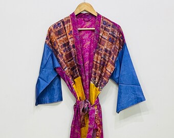Kimono de seda con retazos, bata ligera para la playa, ideal para escapadas vacacionales.