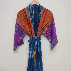 Tie Dye Silk Long Kimono Robe, Summer Beach Cover Up, Lightweight Crepe Silk Kimono, Recycle Silk Sari Kimono, Silk Bathrobe