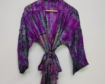 Hand Dyed Kimono, Cardigan For Women, Tie Dye Kimono, Silk Dressing Gown, Women Kimono, Boho Robe, Long Jacket, Nightwear Kimono