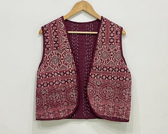 Kantha-vest van katoen met Ajrakh-print, mouwloos uniseks jack