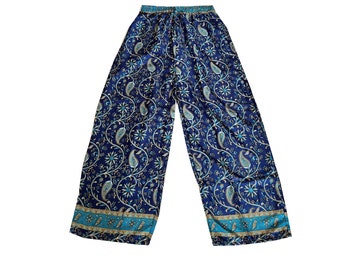 Pantalón palazzo de seda Sari con estampado floral de color azul, pantalón palazzo de seda Sari reciclado hecho a mano indio, pantalón de yoga hippie boho