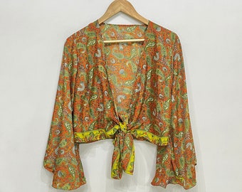 Women Silk Tie Top, Indian Silk Wrap Top, Boho Hippie Front Tie Summer Top, Handmade Bell Sleeve Top, Floral Printed Silk Crop Top