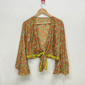 Bell Sleeve Silk Crop Top - Women Silk Tie Top - Front Tie Top For Women - Boho Hippie Summer Silk Blouse - Silk Wrap Around Top - Beach Top