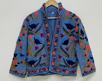 Handmade Suzani Cotton Jacket Hand Embroidery Women Jacket Women Winter Short Coat Women's Stylish Front Open Women Jacket Gift For Her