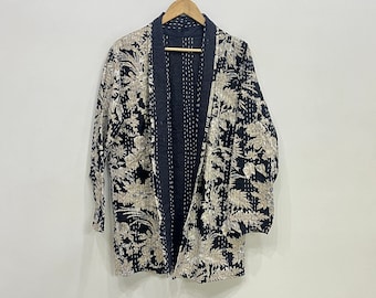 Cotton Kantha Reversible Coat, Quilted Kantha Jacket, Free Size Oversize Jacket, Indian Kantha Quilt Jacket, Kantha Coat