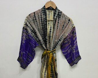 Tie Dye Silk Kimono, Indian Jacket, Handmade Kimono, Recycled Silk Sari Kimono, Silk Bathrobe, Gift For Her
