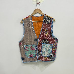 Veste Kantha matelassée faite main, gilet en coton patchwork, veste bohème réversible, veste Kantha sans manches, gilet court pour femme, cadeau pour elle