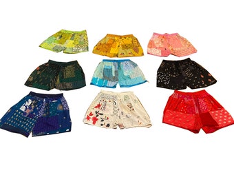 Unisex patchwork shorts met zak, Boho comfortabele zomershorts, kleurrijke strandkledingshorts, zachte nachtkledingshorts, patchworkshorts