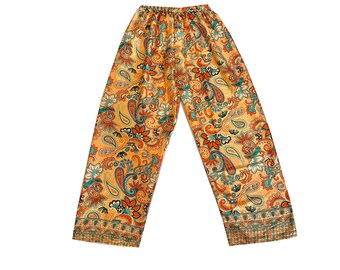 Pantalón palazzo de seda estampado paisley, pantalón palazzo de seda sari reciclado hecho a mano indio, pantalón de yoga de seda para mujer, pantalón de cintura elástica de talla única