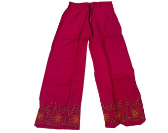 Indian Handmade Flower Embroidered Palazzo Pant, Boho Hippie Wide Leg Pant, One Size Elastic Waist Dailywear Pant, Comfy Yoga Pant