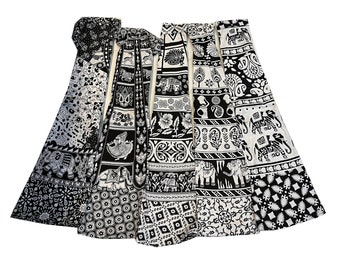 Jupe portefeuille en coton imprimée noir et blanc, Lot de jupes à nouer en coton, Jupe de plage d'été légère, Jupe indienne de style bohème