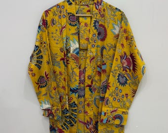 Kimono-Robe aus Baumwolle, lange Kimono-Jacke, Kimono mit Blumendruck, Lounge Wear Robe, Brautjungfer Robe, Baumwollbademantel für Frauen, Geschenk für sie